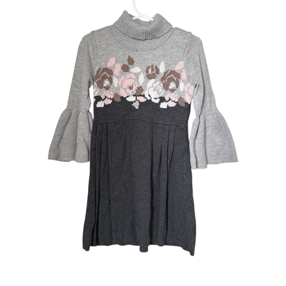 Janie And Jack Girls Sz 4 Grey Floral Pattern Turtle Neck Dress Bell Sleeve